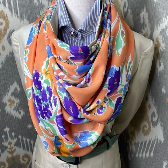 *Ralph Lauren Collection Orange Sherbet Watercolor Floral Oblong Silk Scarf main image 12